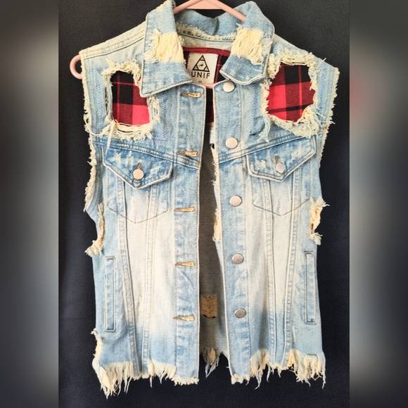 UNIF Distressed Denim and Red Flannel Vest - Picture 6 of 12